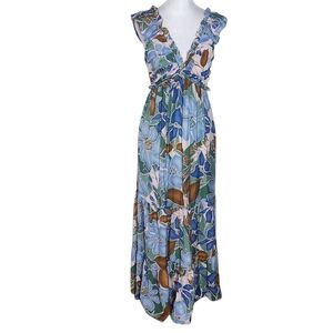 Dress Day Brown and Blue Floral Maxi Dress Size Small Ruffle Sleeve Maxi Dress